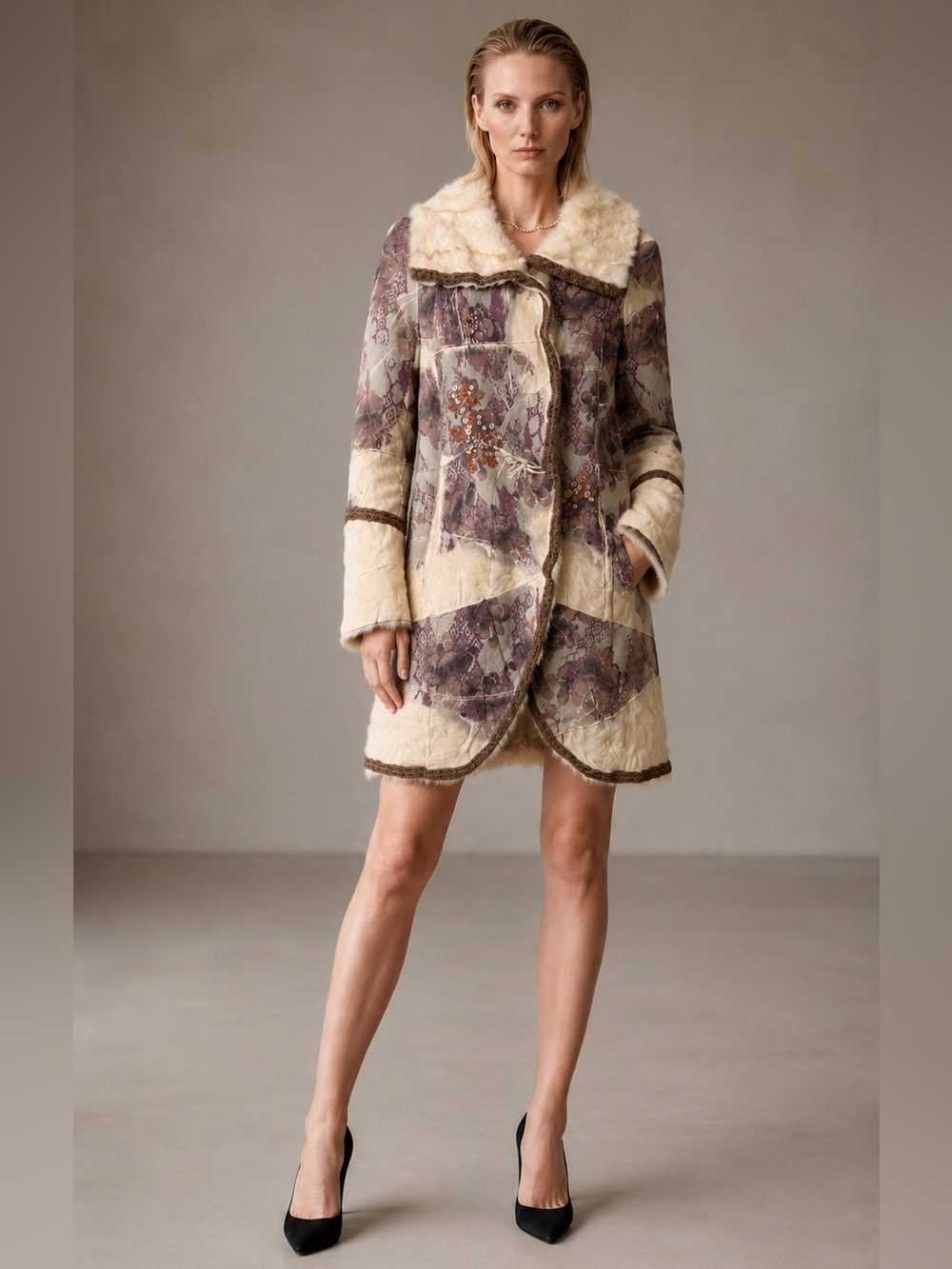 Bohemian Fur-Trim Patchwork Coat Floral Embellished Statement Jacket size S